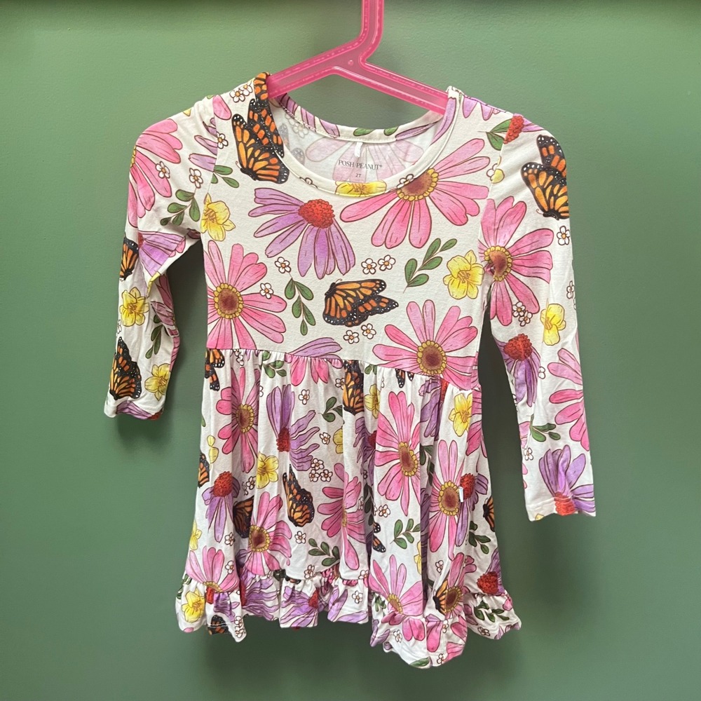 Posh Peanut 2T Floral Butterfly Print Long Sleeve Ruffle Hem Dress